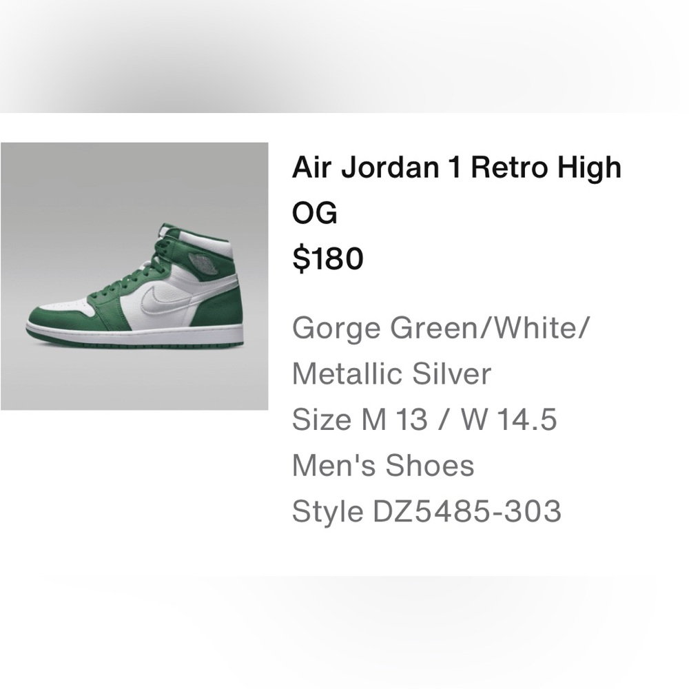 Air Jordan 1 Retro High OG Size 13 Gorge Green Metallic Silver DZ5485-303